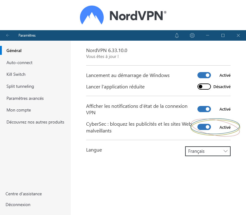 Illustration : Activer CyberSec, l'anti pub intégré de NordVPN