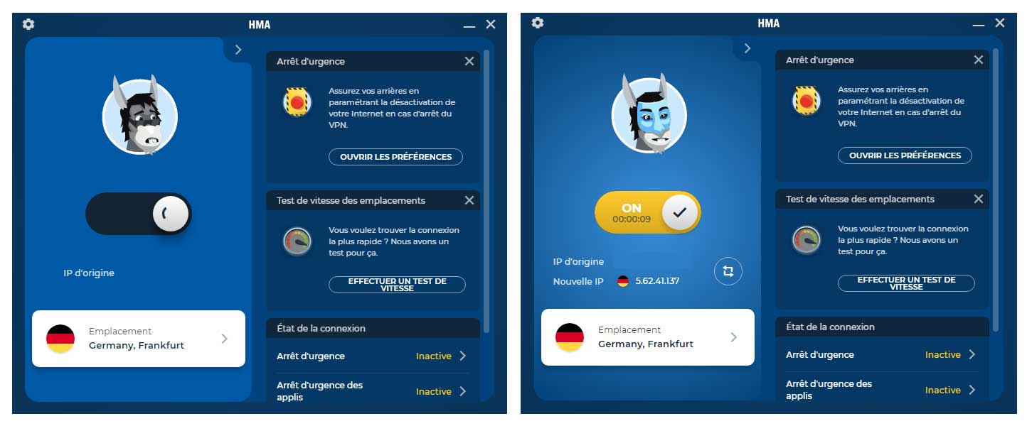 interface du vpn HMA lors d'une connexion a un serveur