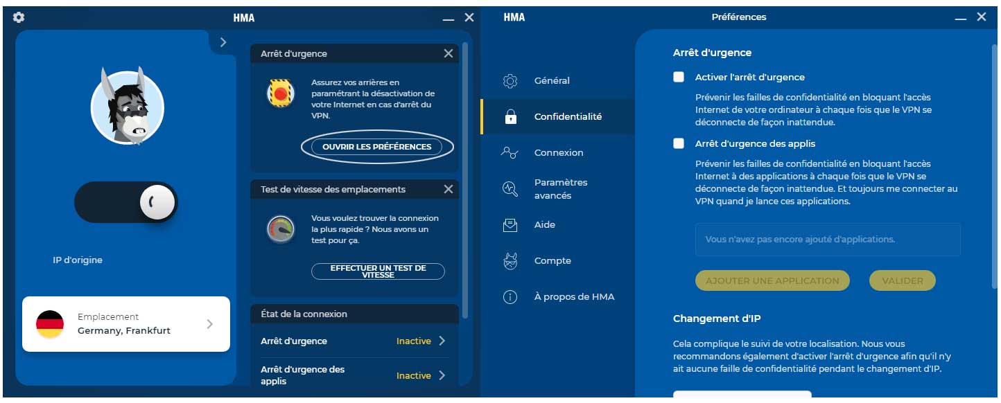 fenêtre de paramètres du VPN HMA