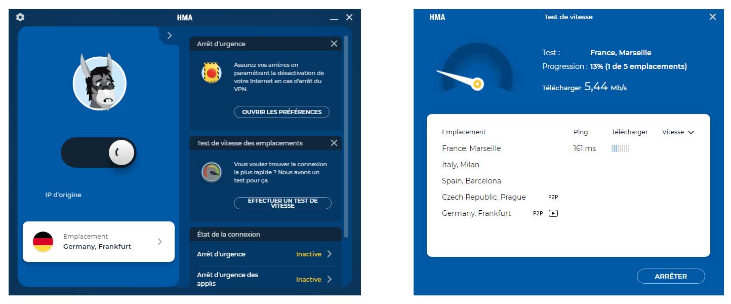 interface de test de vitesse des serveurs du VPN HMA
