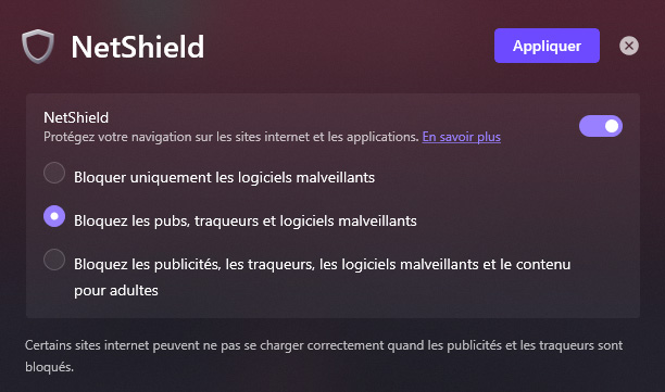 Interface Netshield de proton VPN