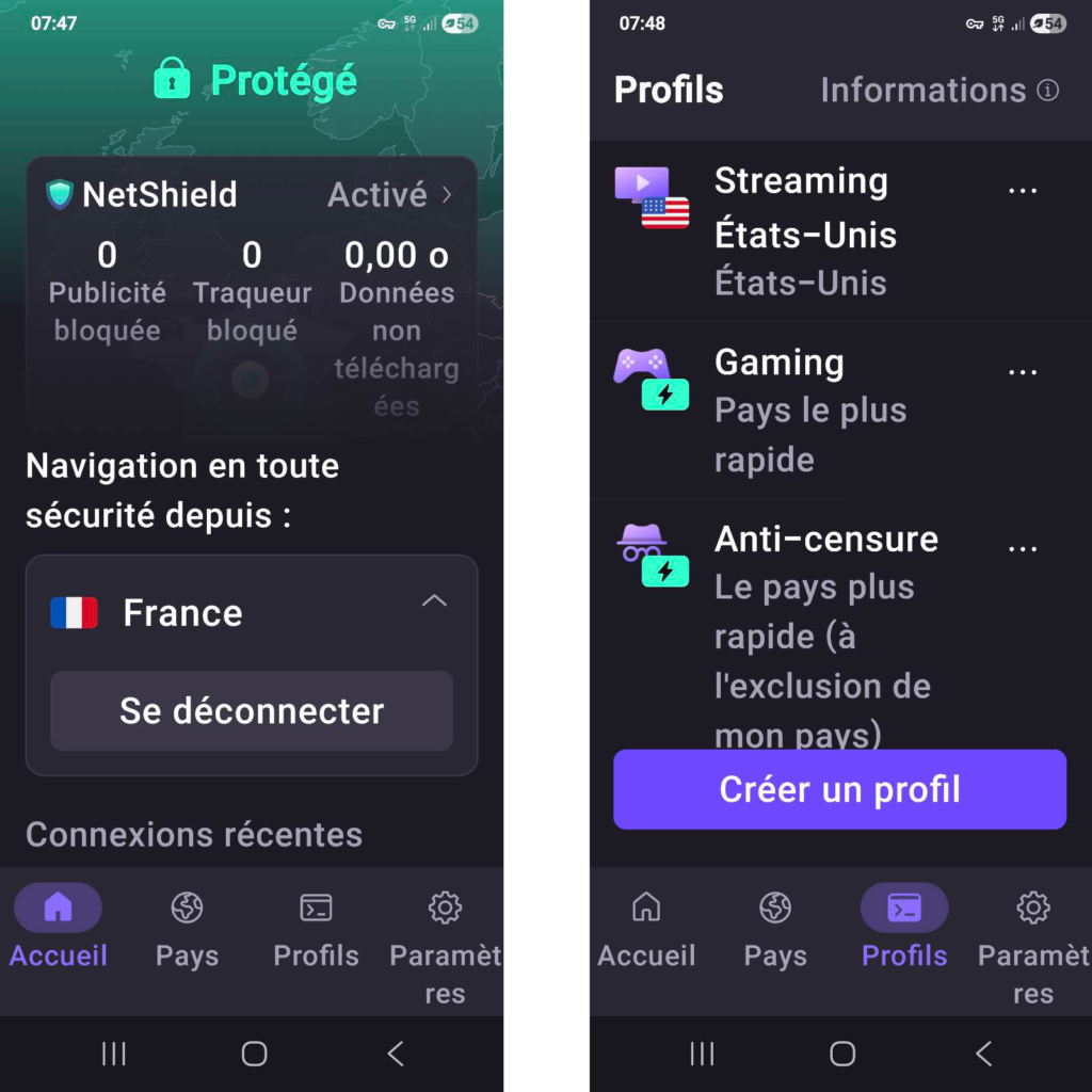 Interface Proton VPN mobile