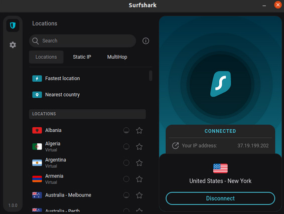 Illustration : Interface de l'application VPN pour Ubuntu de Surfshark VPN