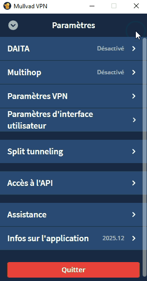 Illustration : Interface des fonctionnalités de Mullvad