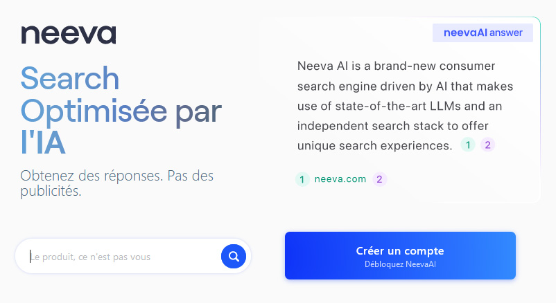 Illustration : accueil Neeva, le moteur de recherche privée optimisé par IA