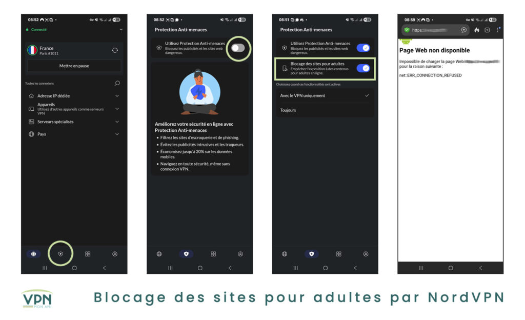 Illustration : Blocage des sites pour adultes via la Protection Anti-Menaces de NordVPN sur Android – captures d’écran réelles VPN Mon Ami.