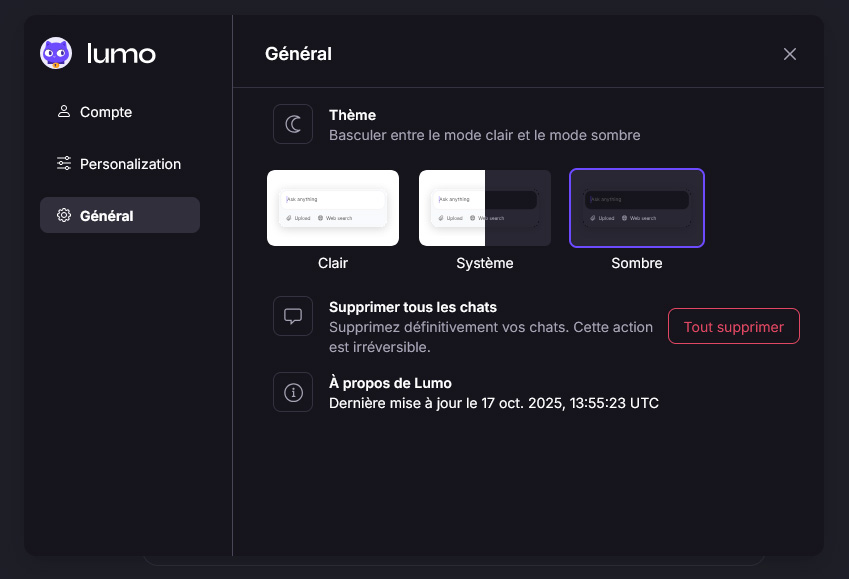 Illustration : Nouveau mode sombre de Lumo, l'intelligence artificielle de Proton