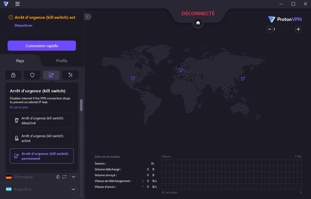 Illustration : Nouvelle interface de Proton VPN gratuit PC avec l'option de Kill Switch permanent.