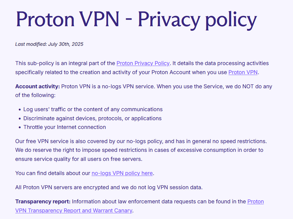 Illustration : Politique de confidentialité de Proton VPN