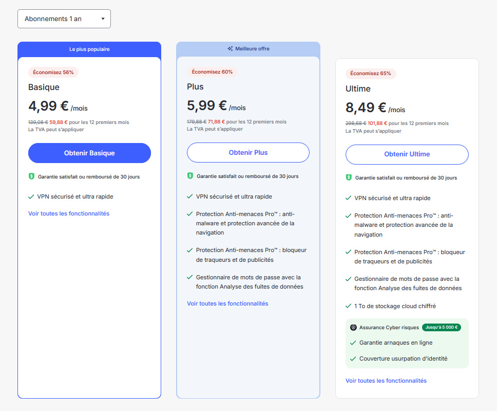 Illustration : prix des forfaits de NordVPN pour 1 an pour l'été 2025