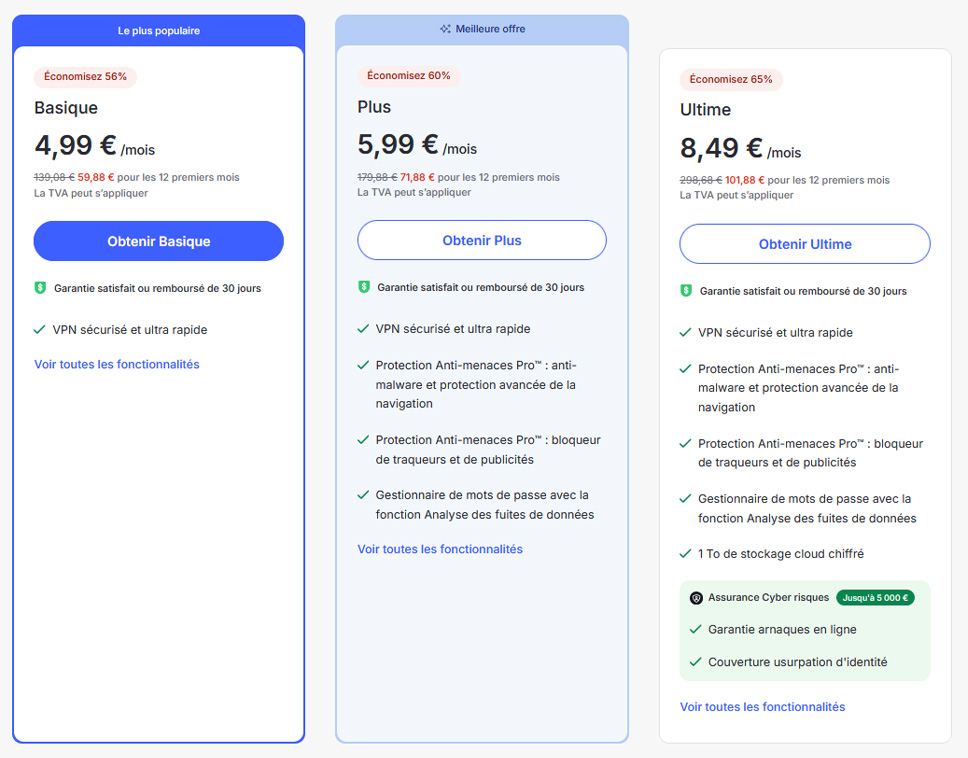 Illustration : prix des forfaits de NordVPN pour 1 an avec 1 GO de données eSIM offerts