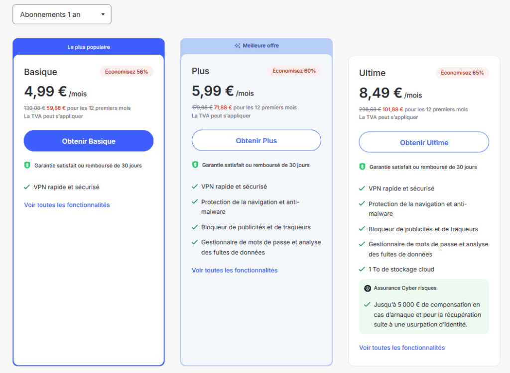 Illustration : prix des forfaits de NordVPN pour 1 an pour octobre 2025