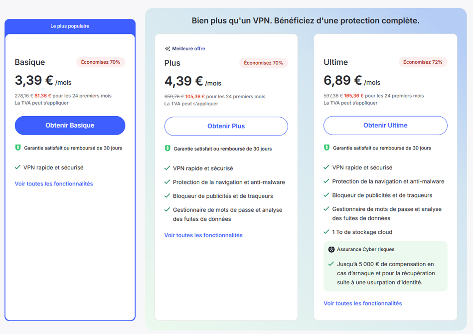 Illustration : prix des forfaits de NordVPN pour 2 ans pour juillet aout 2025