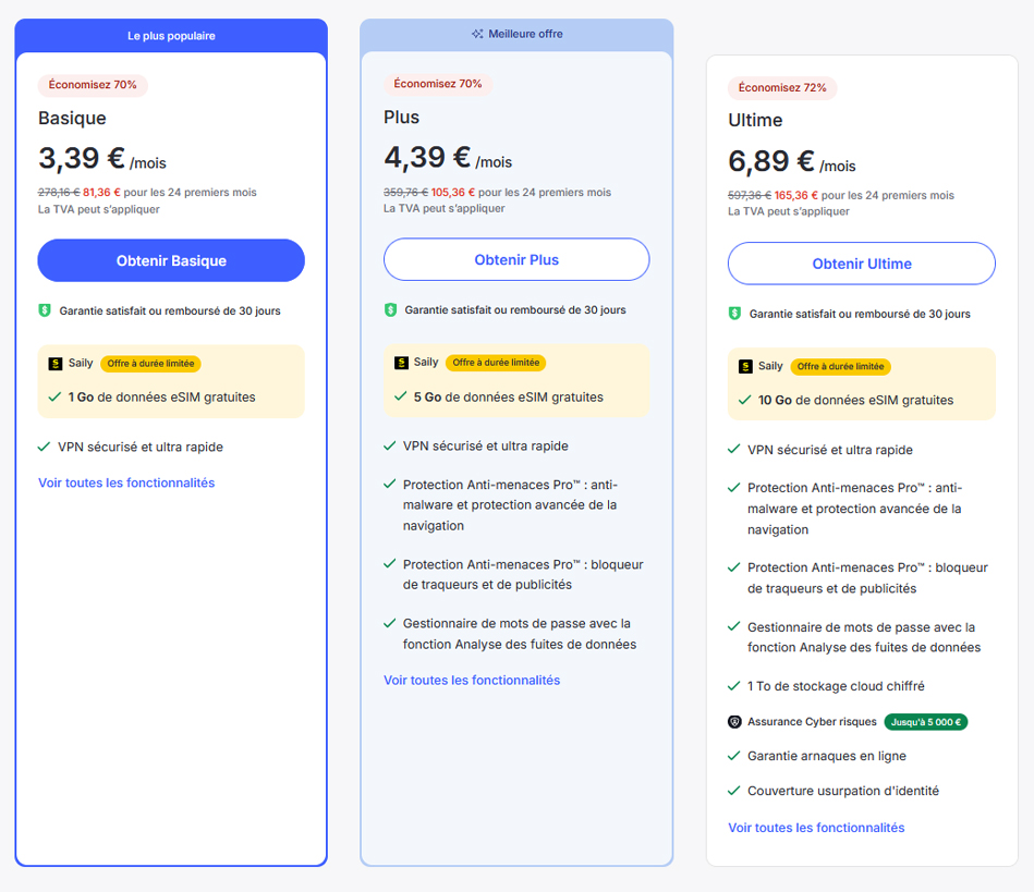 Illustration : prix des forfaits de NordVPN pour 2 ans avec 1 GO de données eSIM offerts