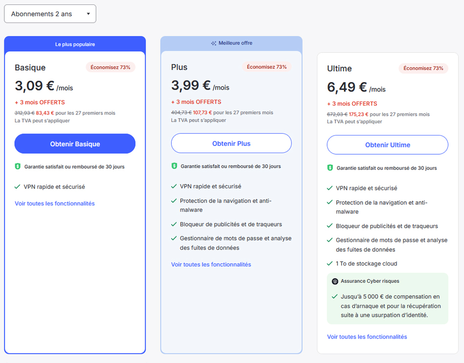 Illustration : prix des forfaits de NordVPN pour 2 ans pour octobre 2025