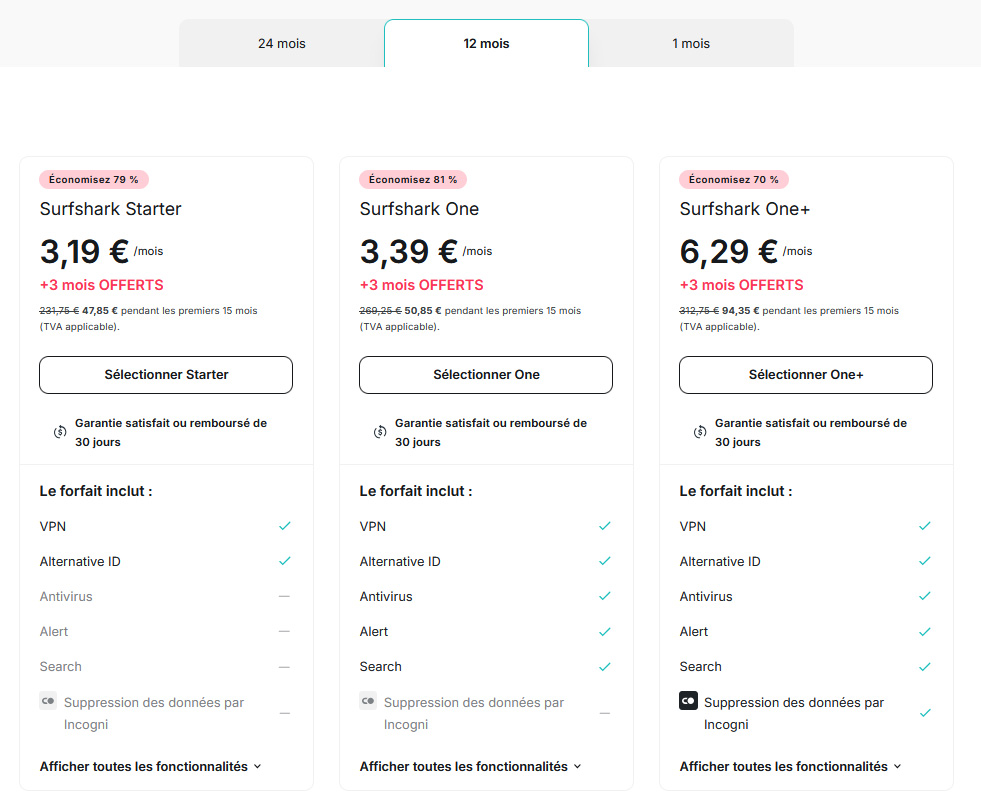 Illustration : Prix d'un abonnement VPN Surfshark pour 1 an pour 2025