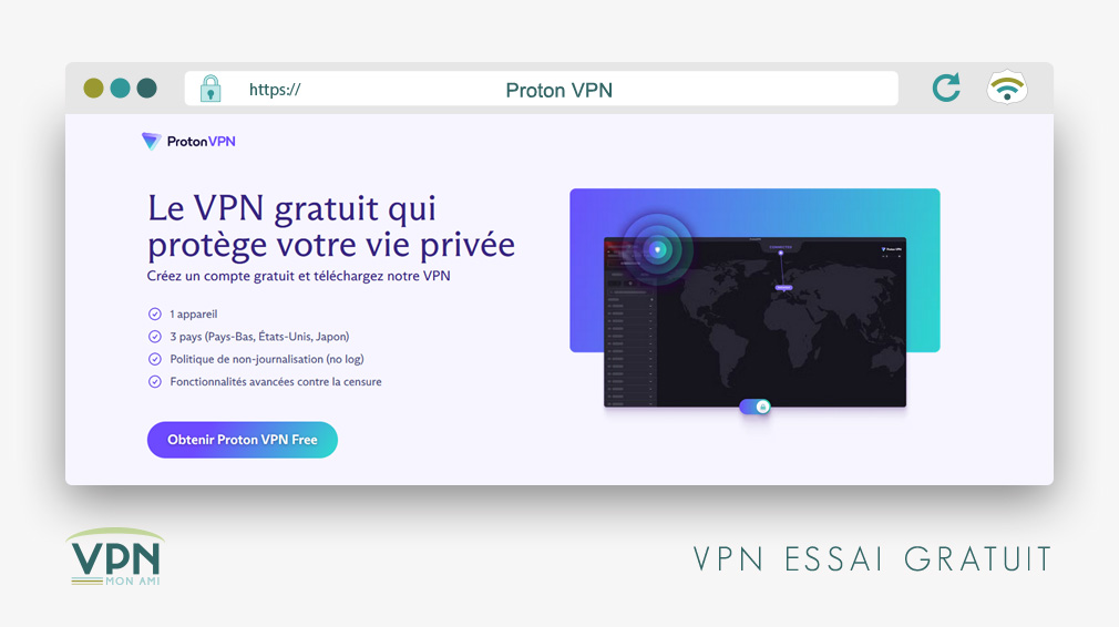 Illustration : Proton VPN en essai gratuit et avec une garantie de remboursement de 30 jours sur les plans payants