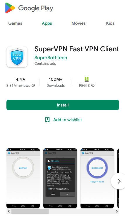 Illustration : superVPN sur le Google Play Store