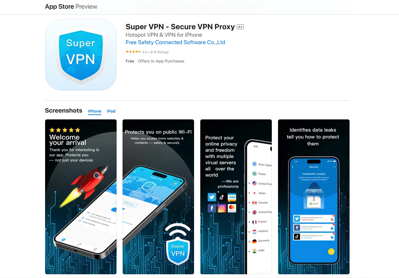 Illustration : SuperVPN toujours disponible sur l'App Store