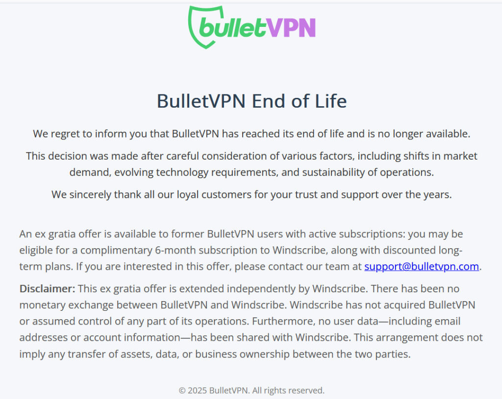 illustration : arret immediat de BulletVPN
