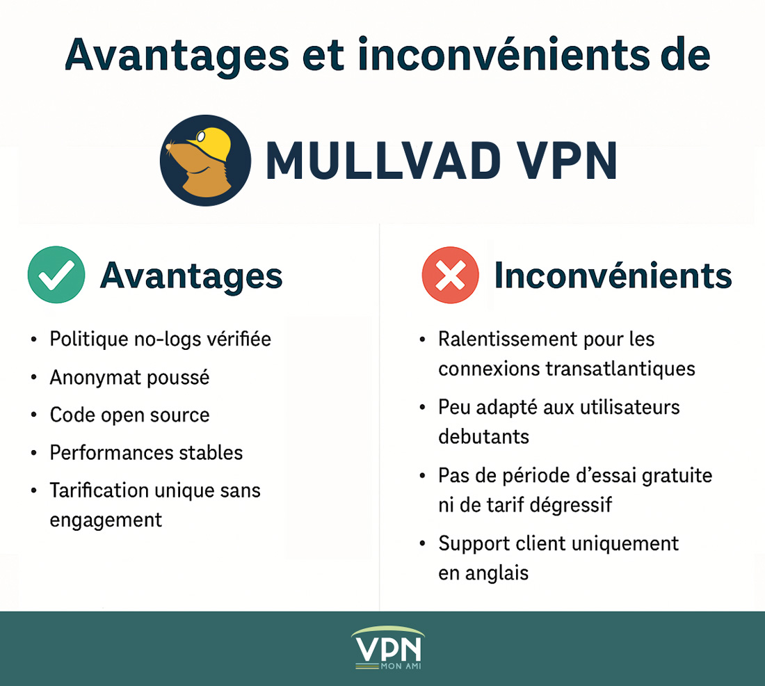 Infographie Mullvad VPN – avantages et inconvénients du service