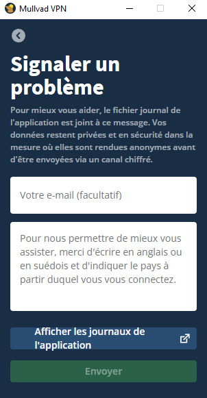 Illustration : Capture d'écran du support de Mullvad