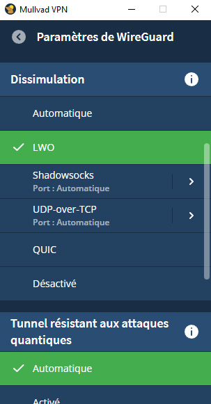 Illustration : Capture d'écran parametre dissimulation LWO de Mullvad VPN