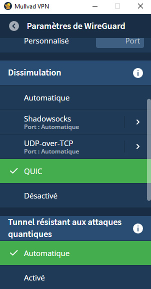 Illustration : Capture des paramètre de Quic de Mullvad VPN