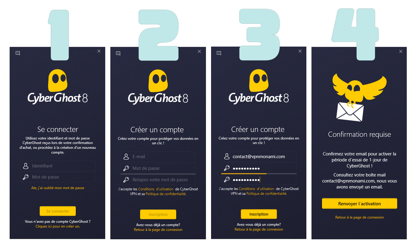 Illustration : créer son compte gratuit chez CyberGhost