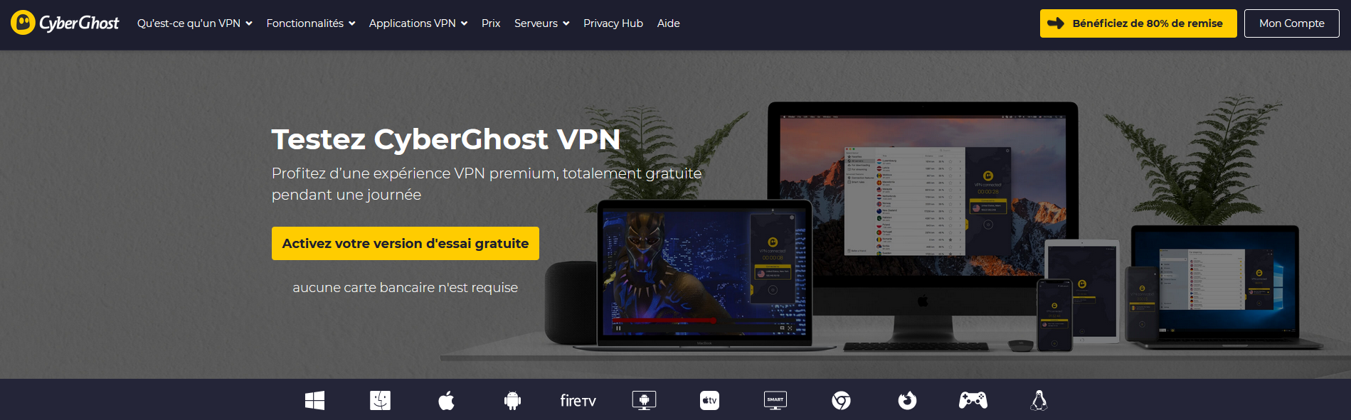 Illustration de la page d'activation de CyberGhost pour un essai gratuit