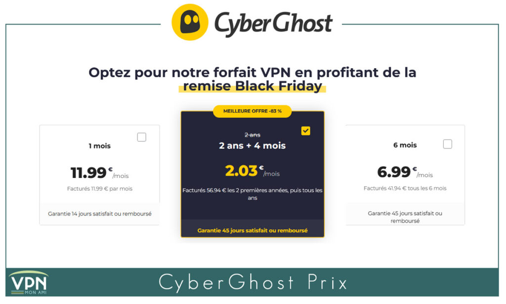 Illustration : Prix de CyberGhost VPN tarifs spécial Black Friday 2025