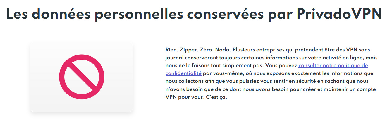 Illustration : Données collectée par Privado VPN