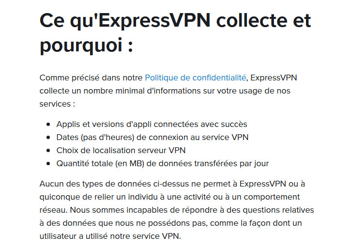 Illustration : Informations non-collectées par ExpressVPN