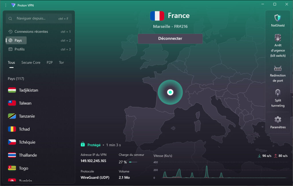 Illustration : interface 2025 de Proton VPN