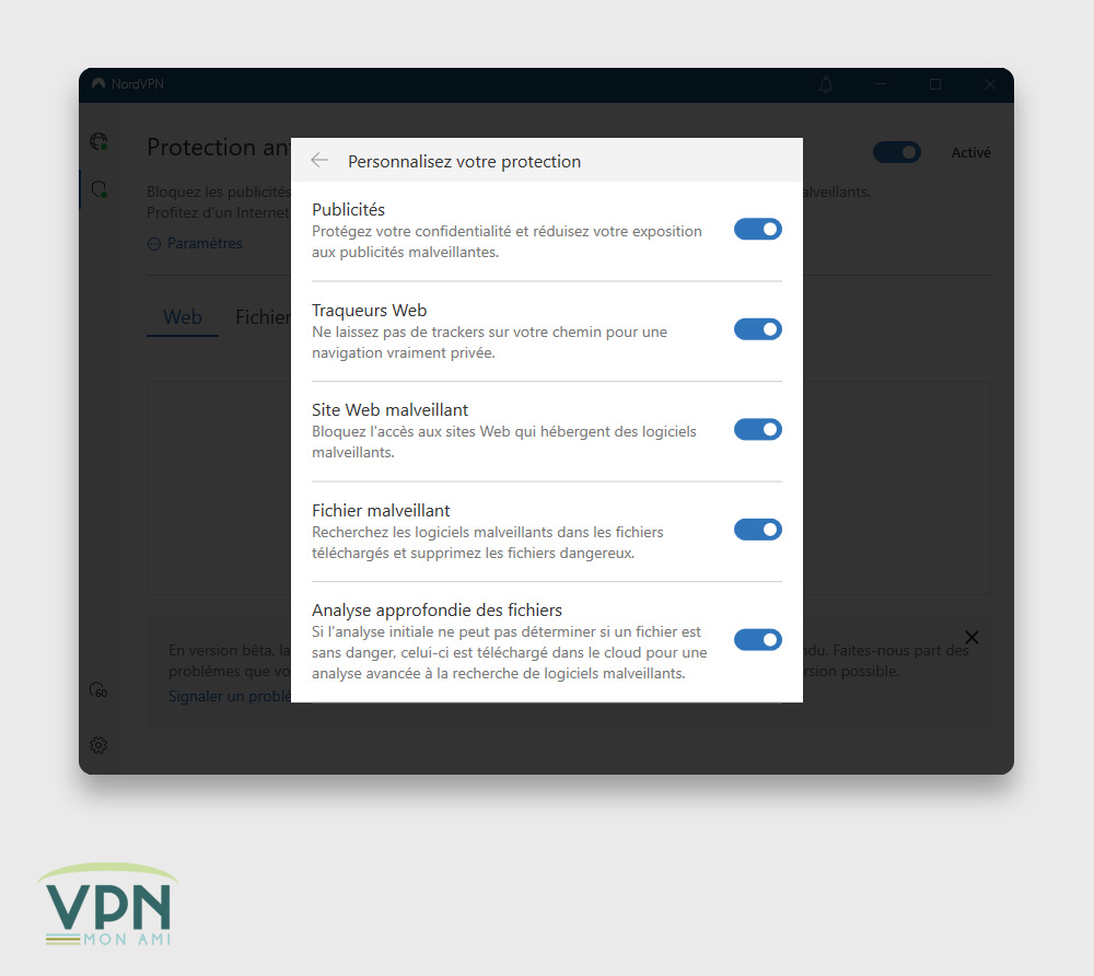 Illustration : interface de Threat protection de NordVPN