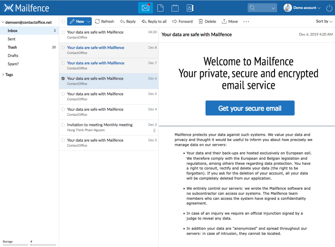 Illustration : Interface de Mailfence, la boite mail sécurisée