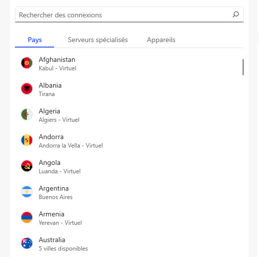 Interface de NordVPN qui indique les serveurs virtuels
