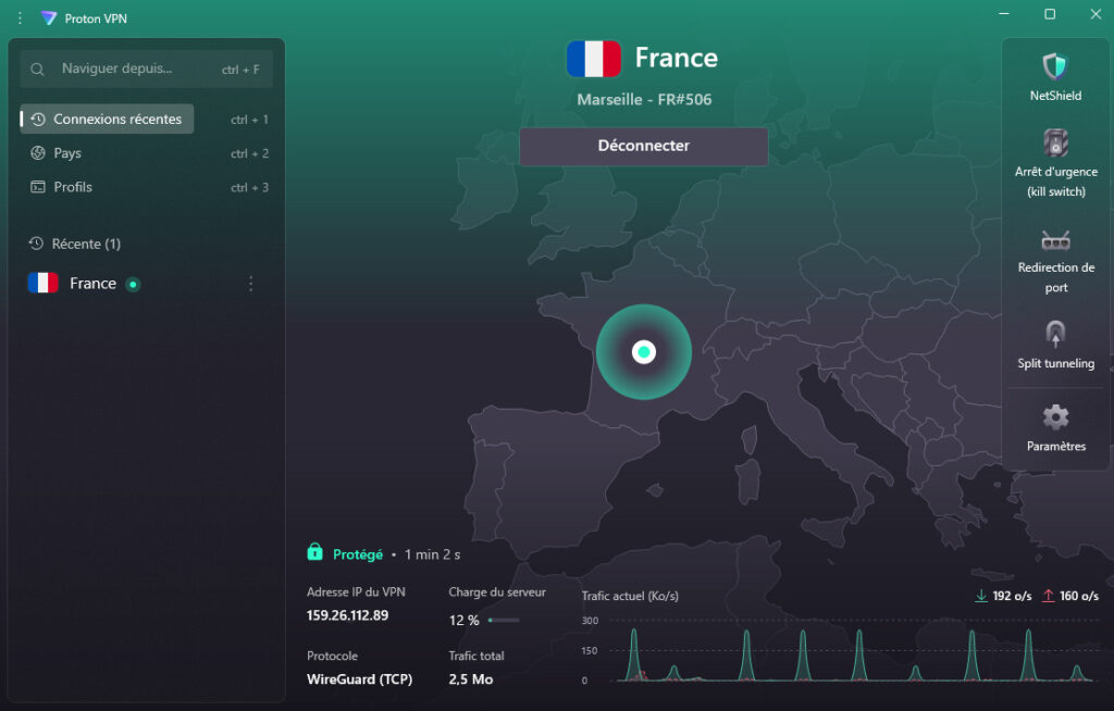 Illustration : interface proton VPN app pour windows