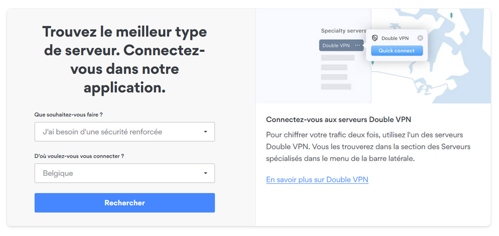 Illustration : outils de recherches de serveurs spécifiques chez NordVPN