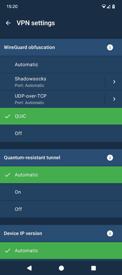 Illustration : Paramétrer Quic dans les applications VPN de Mullvad