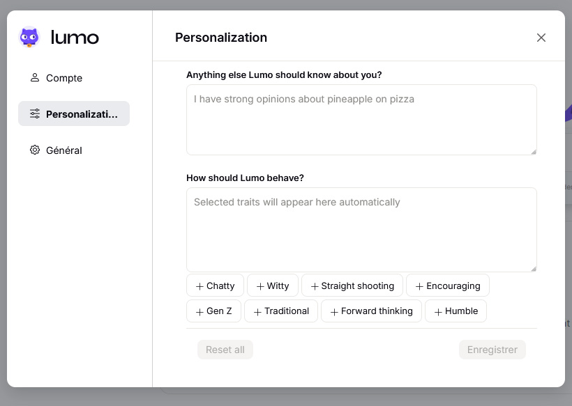 Illustration : Personnalisation de Lumo