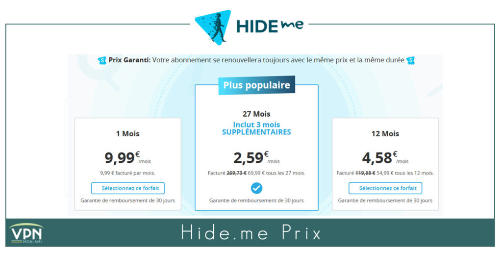 Illustration : Prix des Forfaits VPN de Hide.me