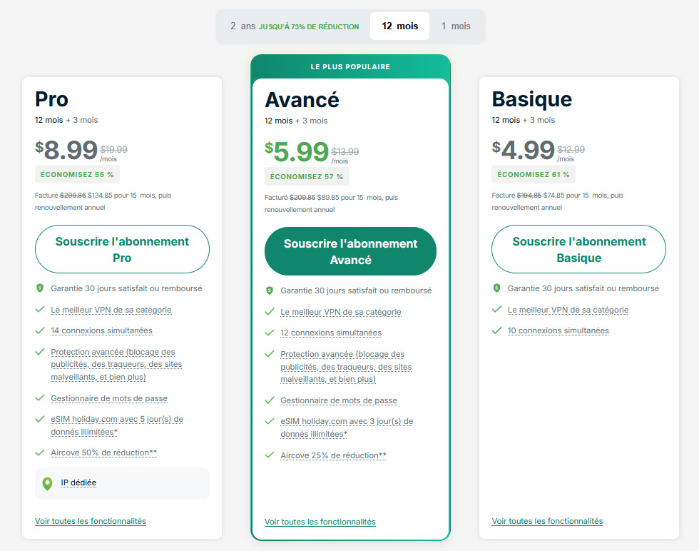 Illustration : Prix des forfaits d'ExpressVPN pour 1 an