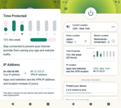 Illustration : résumé de protection sur ExpressVPN Android