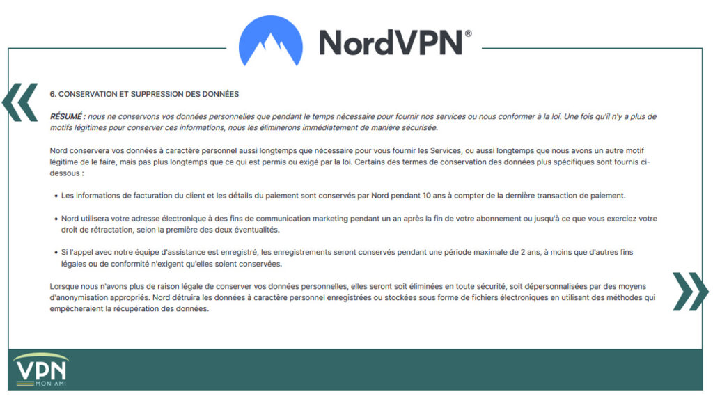 durée de conservation des données chez NordVPN