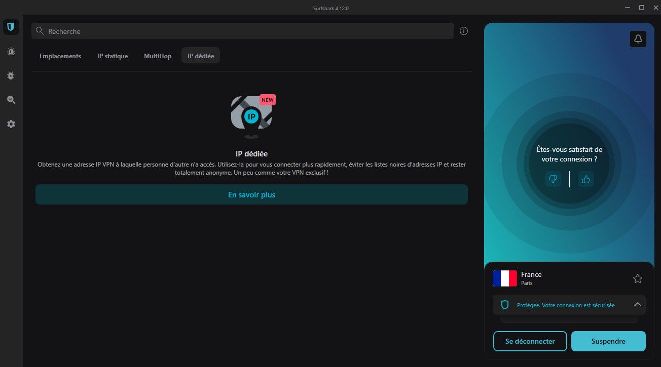Illustration : Interface Surfshark Ip dédiée