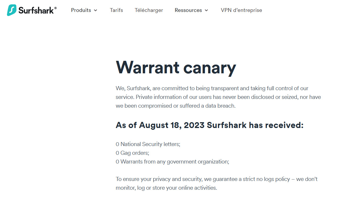 Illustration : Warrant Canary de Surfshark VPN